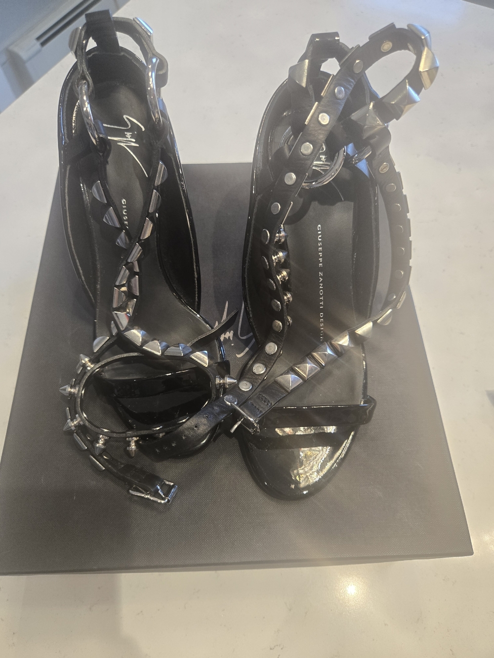 Giuseppe Zanotti Black Patent Leather Studded Ankle-Strap Heels